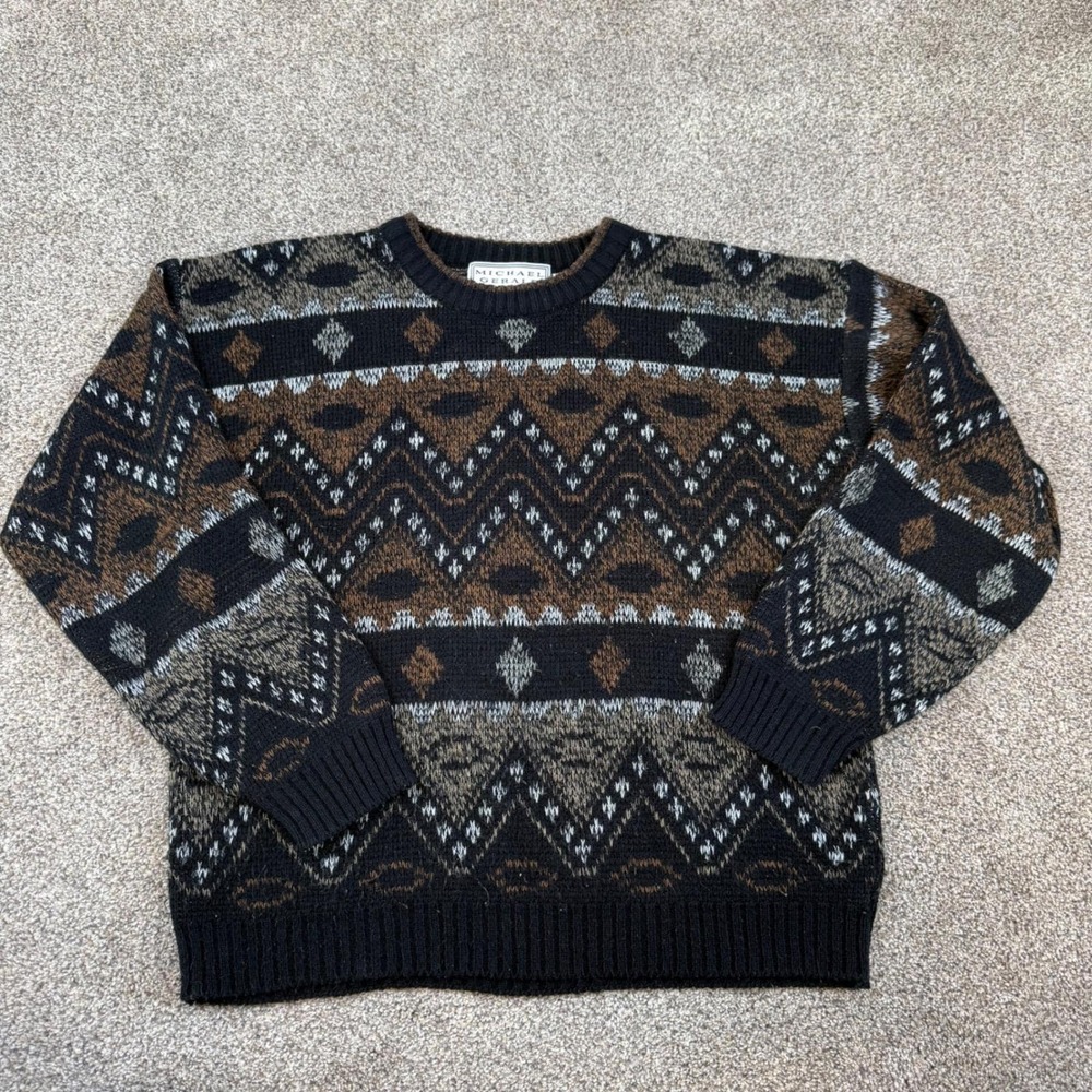 Michael Gerald Vintage Mens Geometric Fair Isle Crewneck Sweater Black Brown M